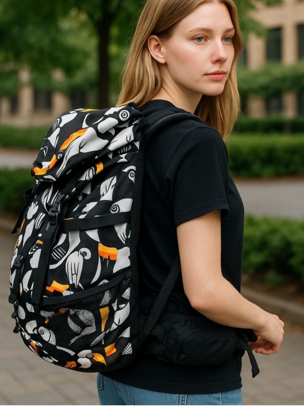 NWT Farm Rio Tropical Collage Canvas Toucans Hiking Bag Black/ Yellow/Red